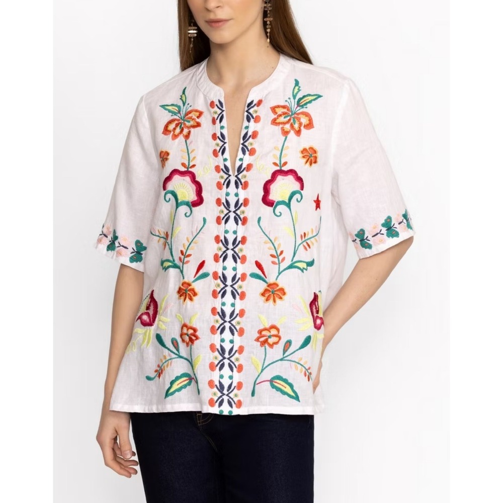 Johnny Was Averi Easy V-Neck Top XL White 100% Linen Embroidered Floral NWT